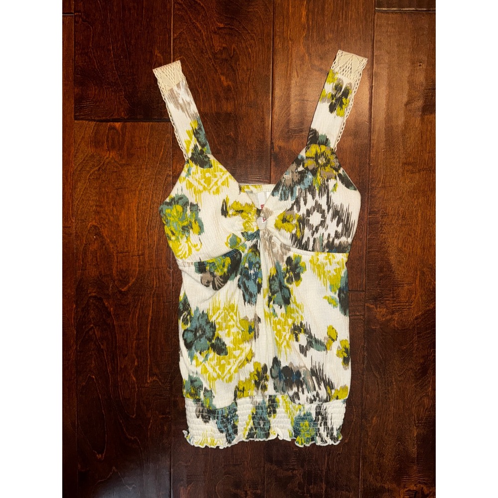 Vintage Y2K Bongo Boho O-ring Watercolor Smocked Tank Top Yellow Teal Small